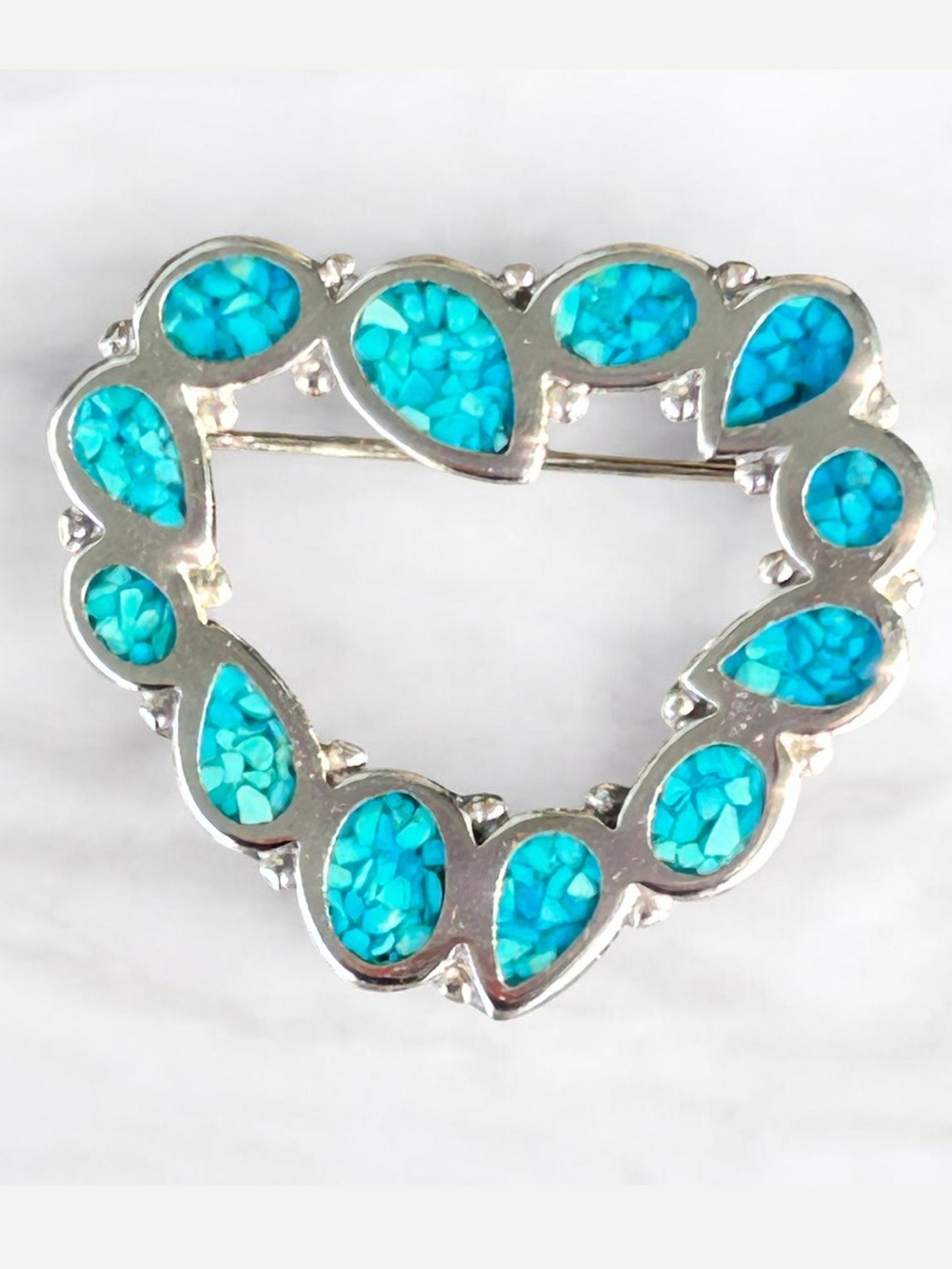 Vintage 1970’s Trifari Crushed Turquoise Heart Brooch